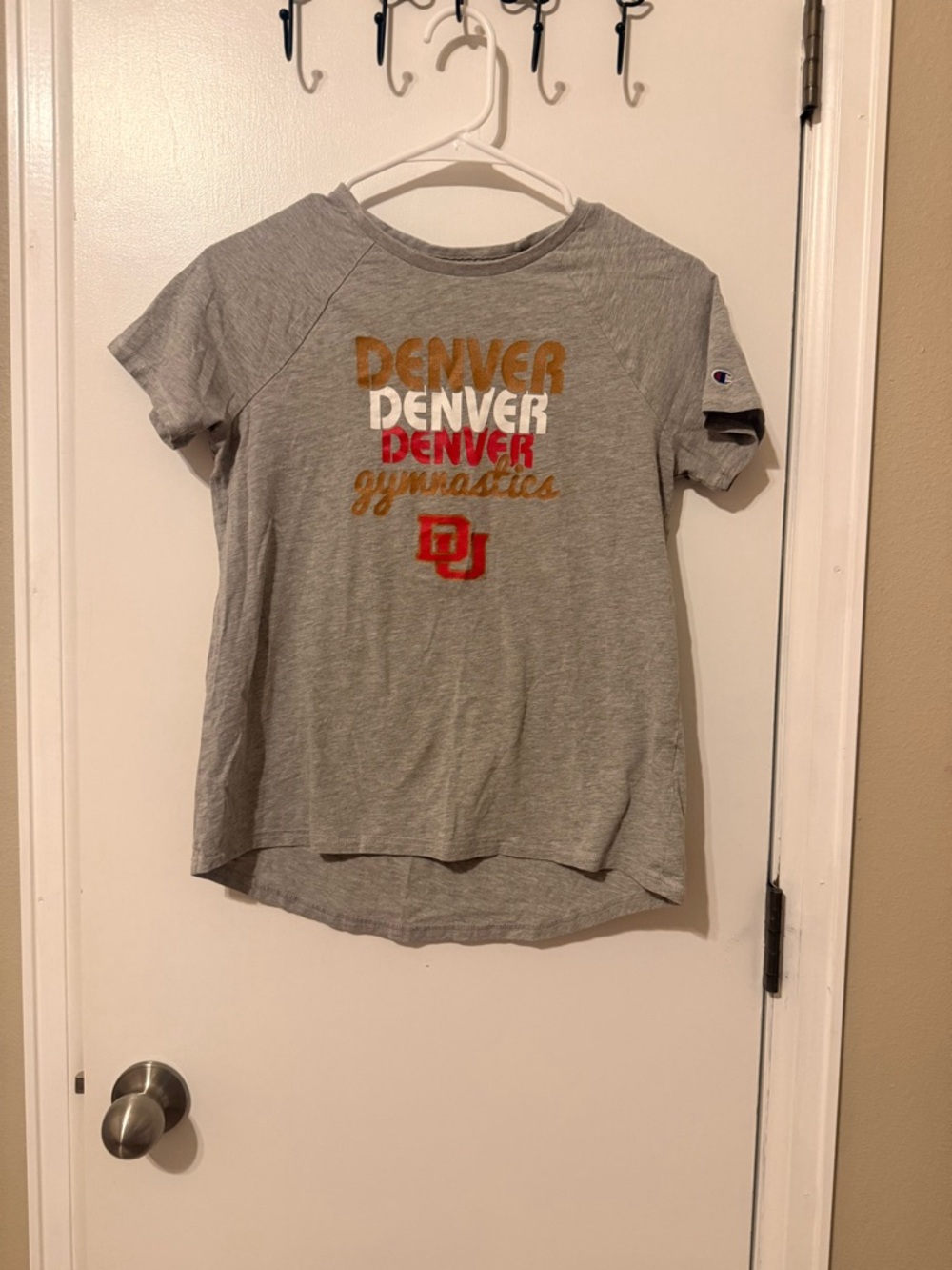 Champion Gray Kids' Denver Gymnastics Short Sleeve Tee with Red & Gold Accents